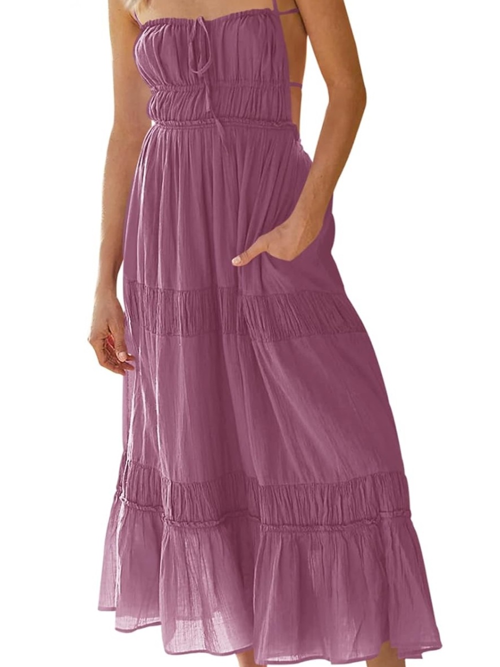 Smocked Spaghetti-Strap Maxi Dress in Dusty Mauve